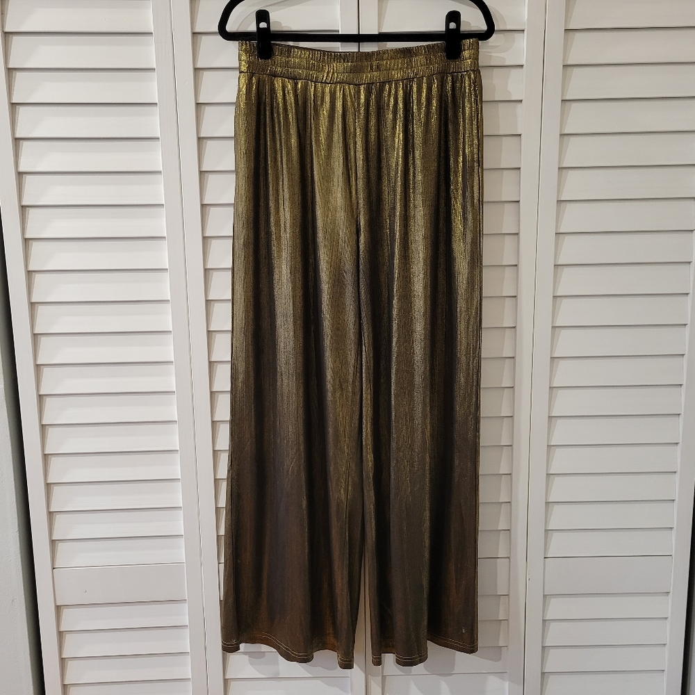 Grace Karin Metallic Gold Elastic Waist Wide Leg Flowy and Festive Pants Size XL